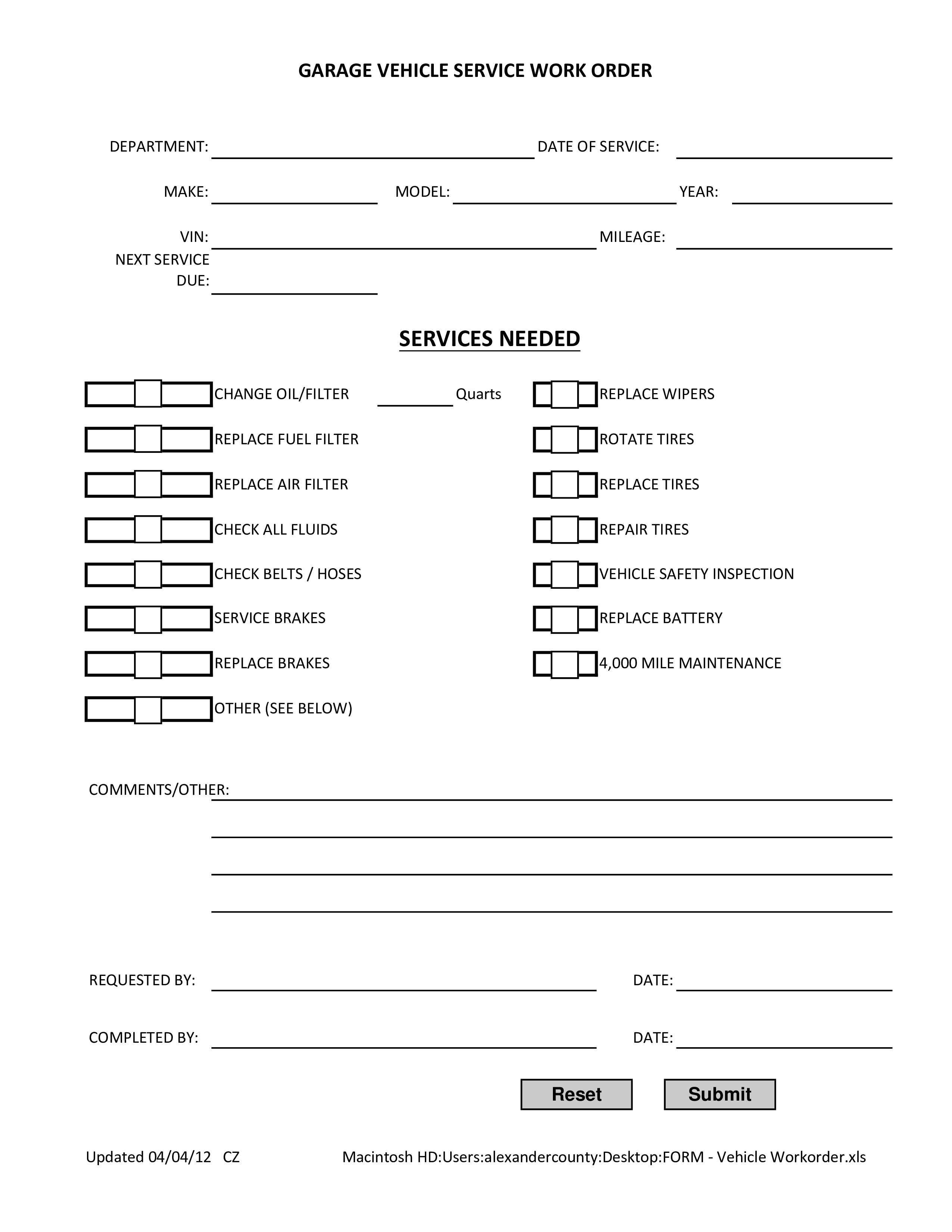 work order for vehicle service Hauptschablonenbild