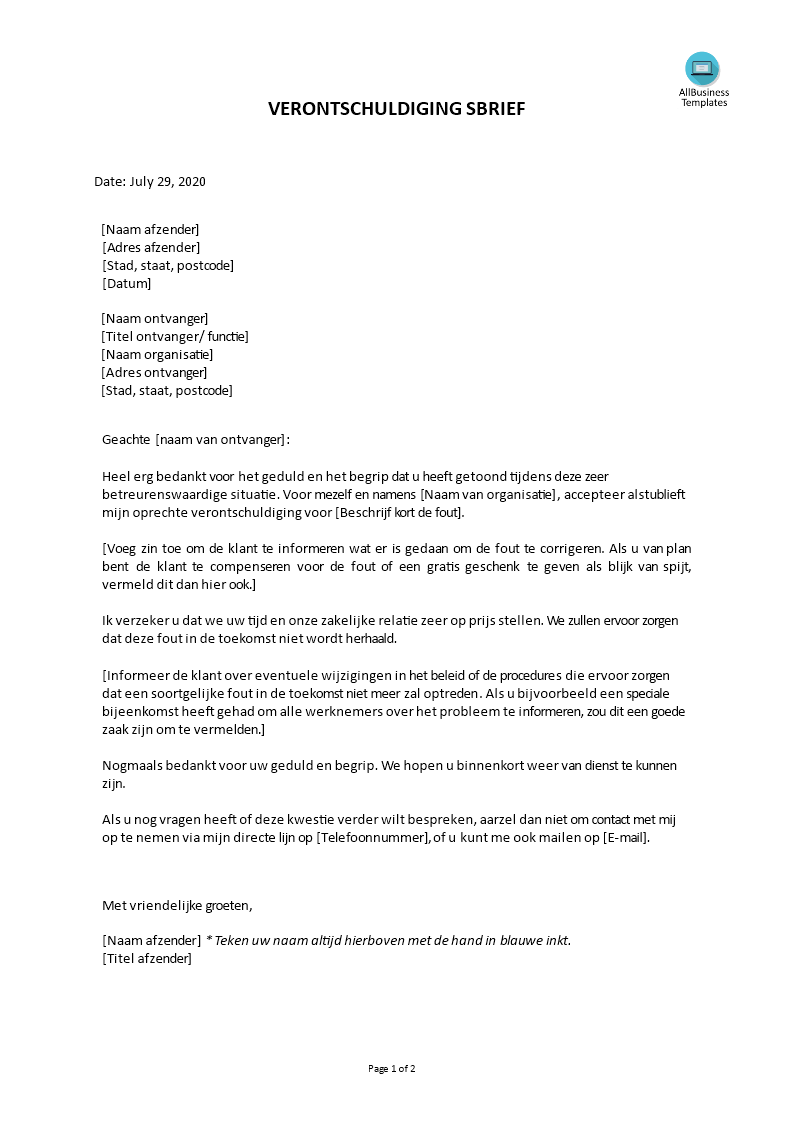 verontschuldigingsbrief aan klant template voorbeeld afbeelding 