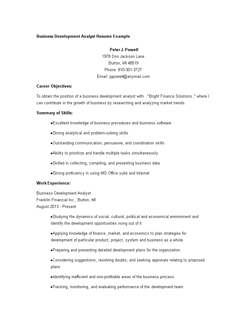 Business Development Analyst CV 模板