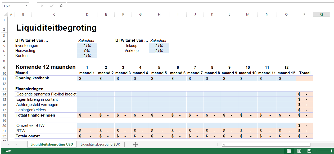 liquiditeitsbegroting in excel usd voorbeeld afbeelding 