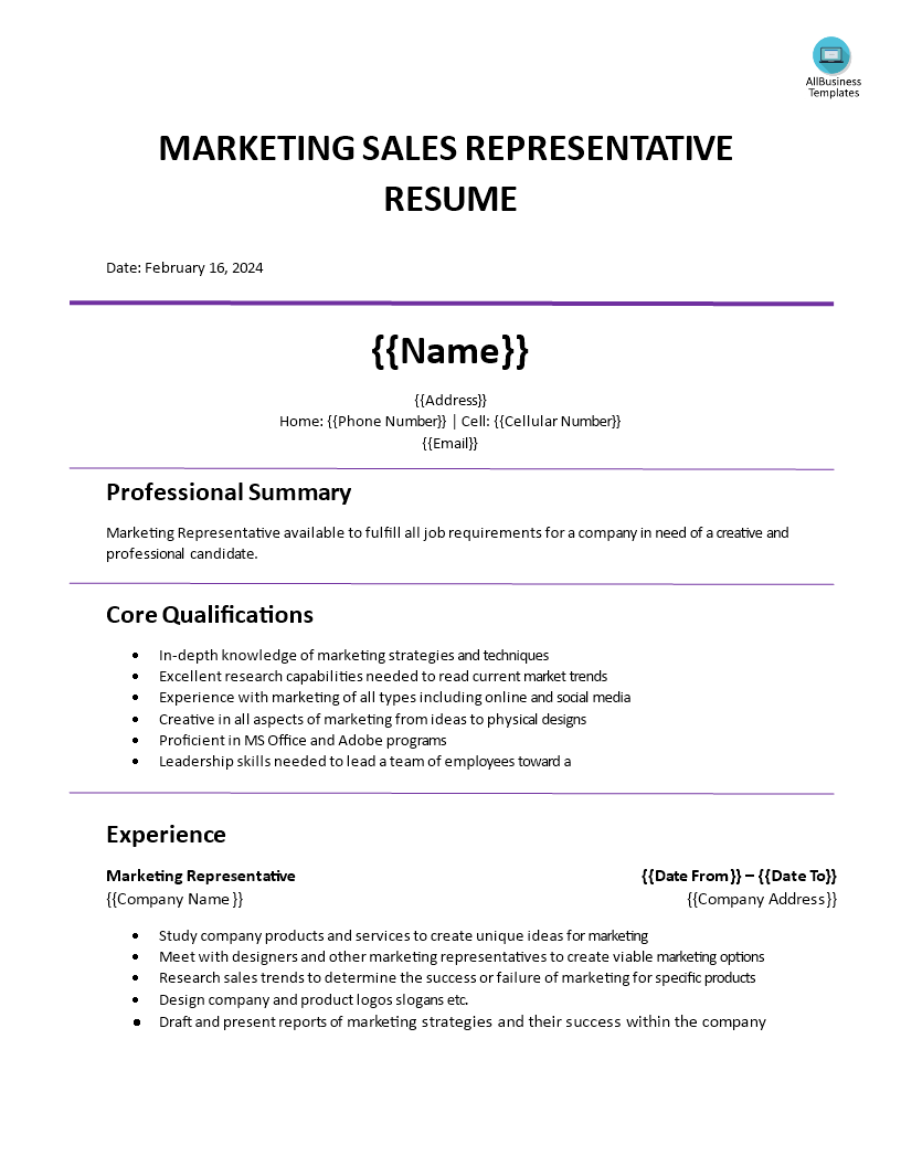 marketing sales representative resume modèles
