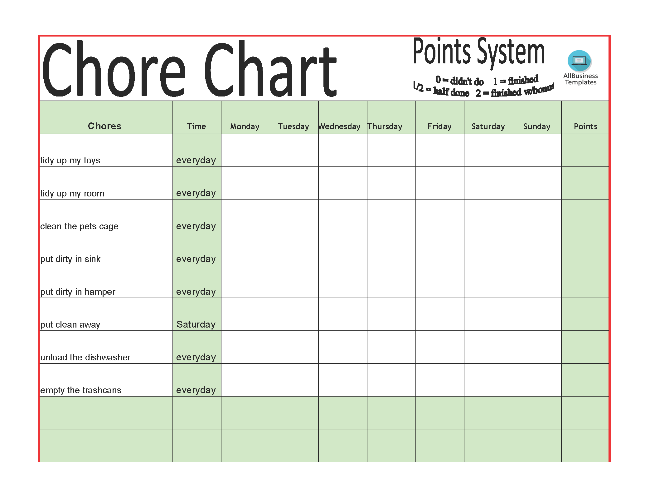 Chore chart Template in excel main image