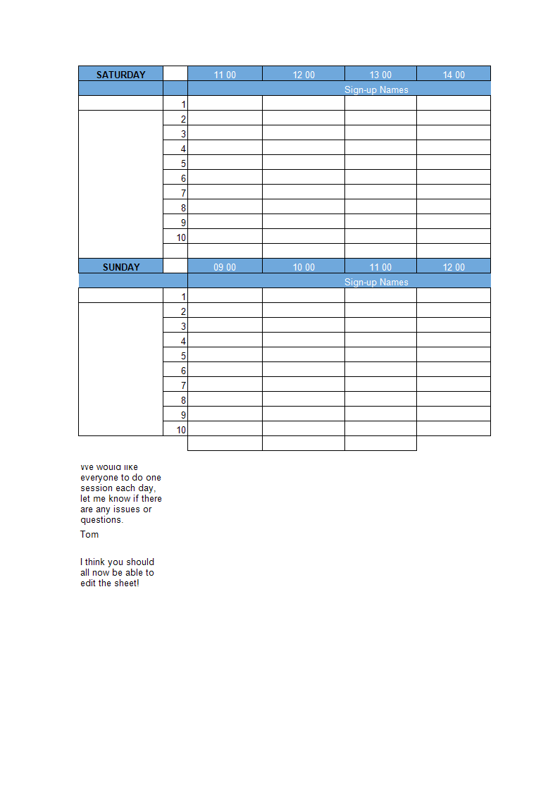 sign-up sheet worksheet excel template