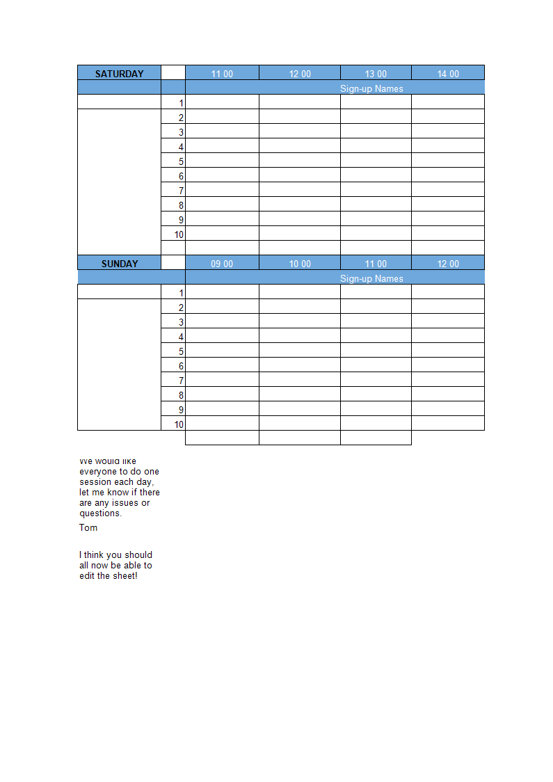 Sign-up Sheet worksheet excel main image