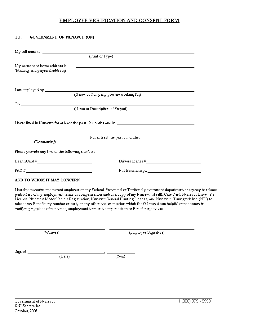 generic employment verification form template