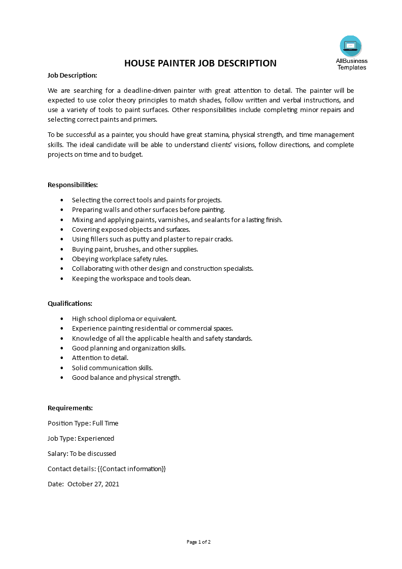 house painter job description voorbeeld afbeelding 