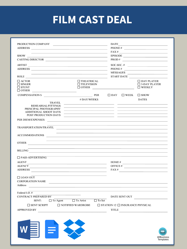 film cast deal memo template modèles