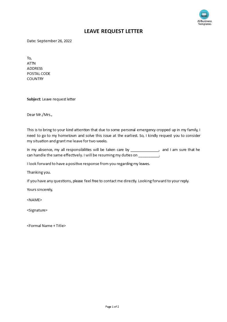 Leave Request Letter example main image