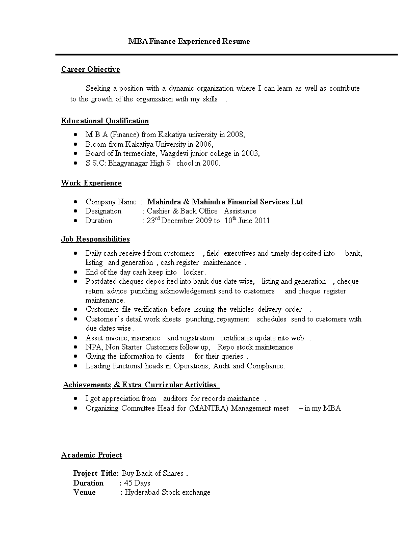 Resume Format For MBA Finance Experienced main image