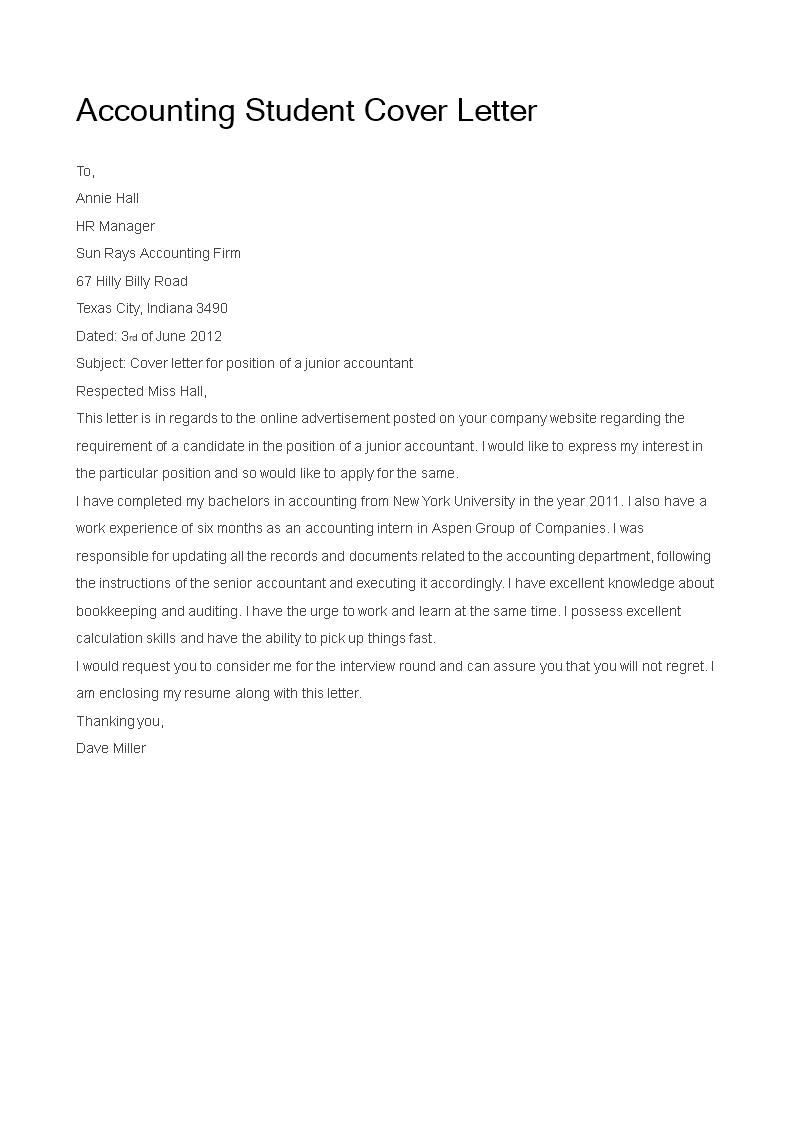 Accounting Student Cover Letter main image