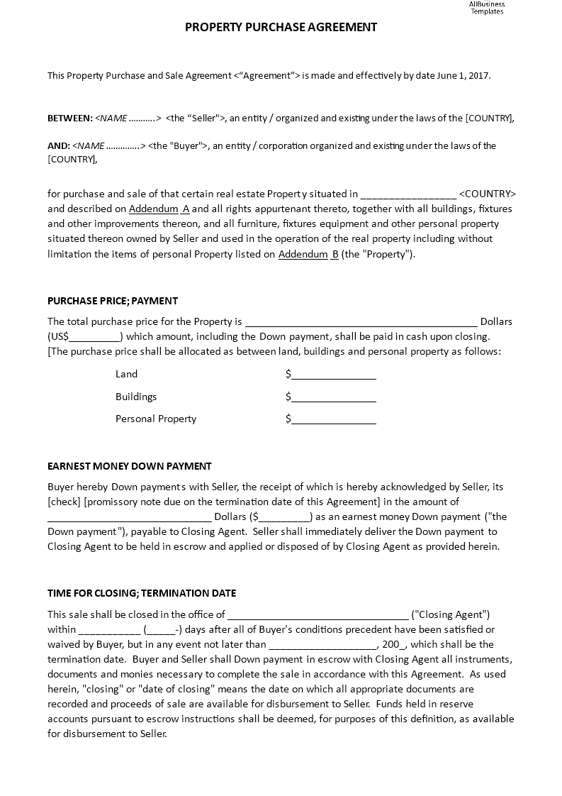 Property Purchase Agreement 模板