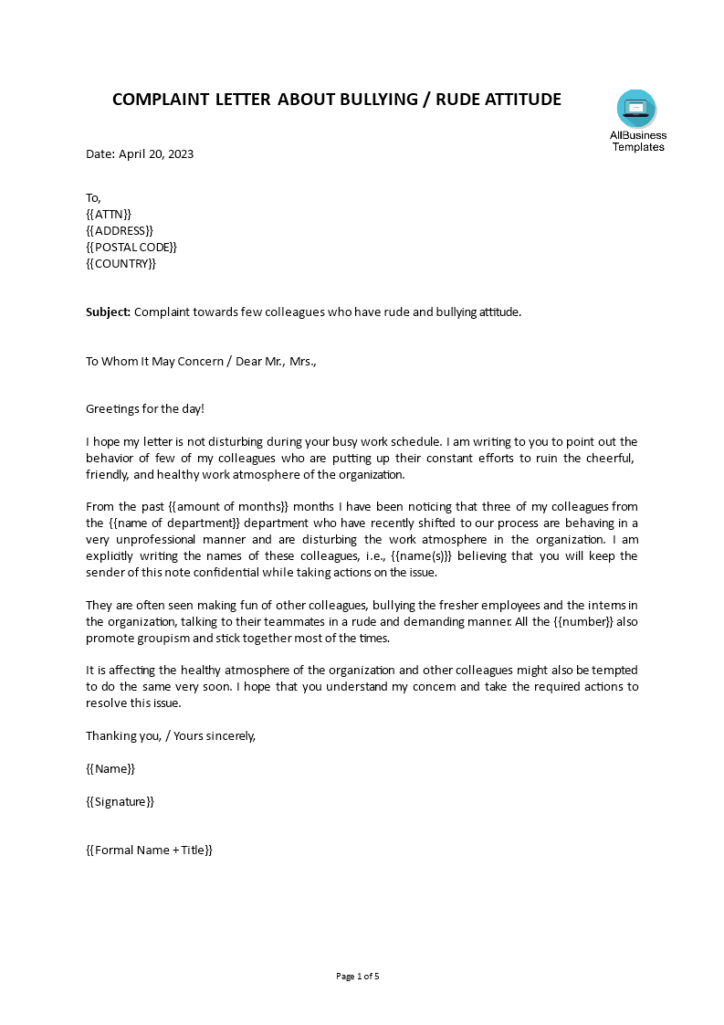 complaint letter about misbehavior unprofessional behavior template