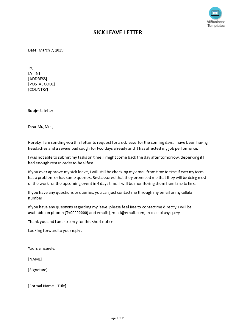 sick leave letter template plantilla imagen principal