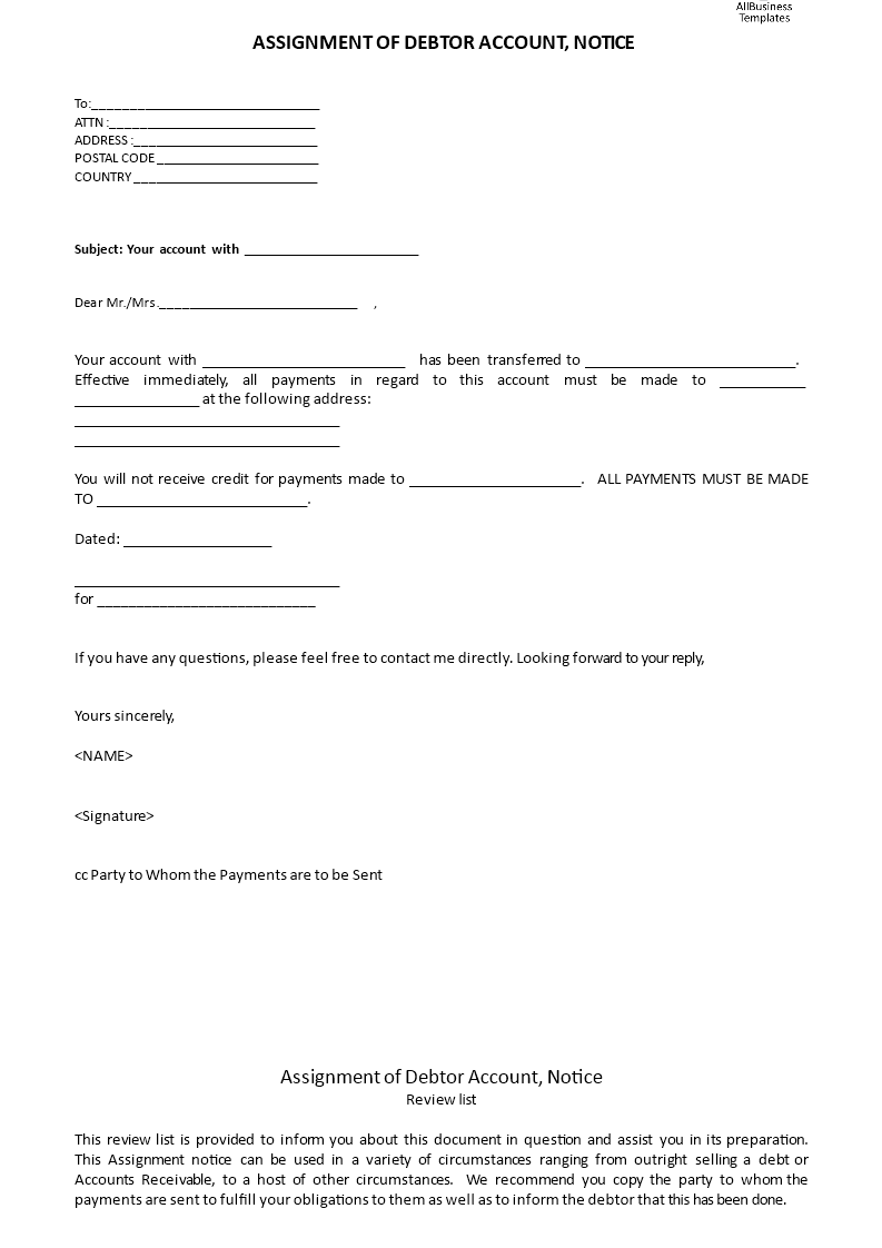 assignment of debtor account template