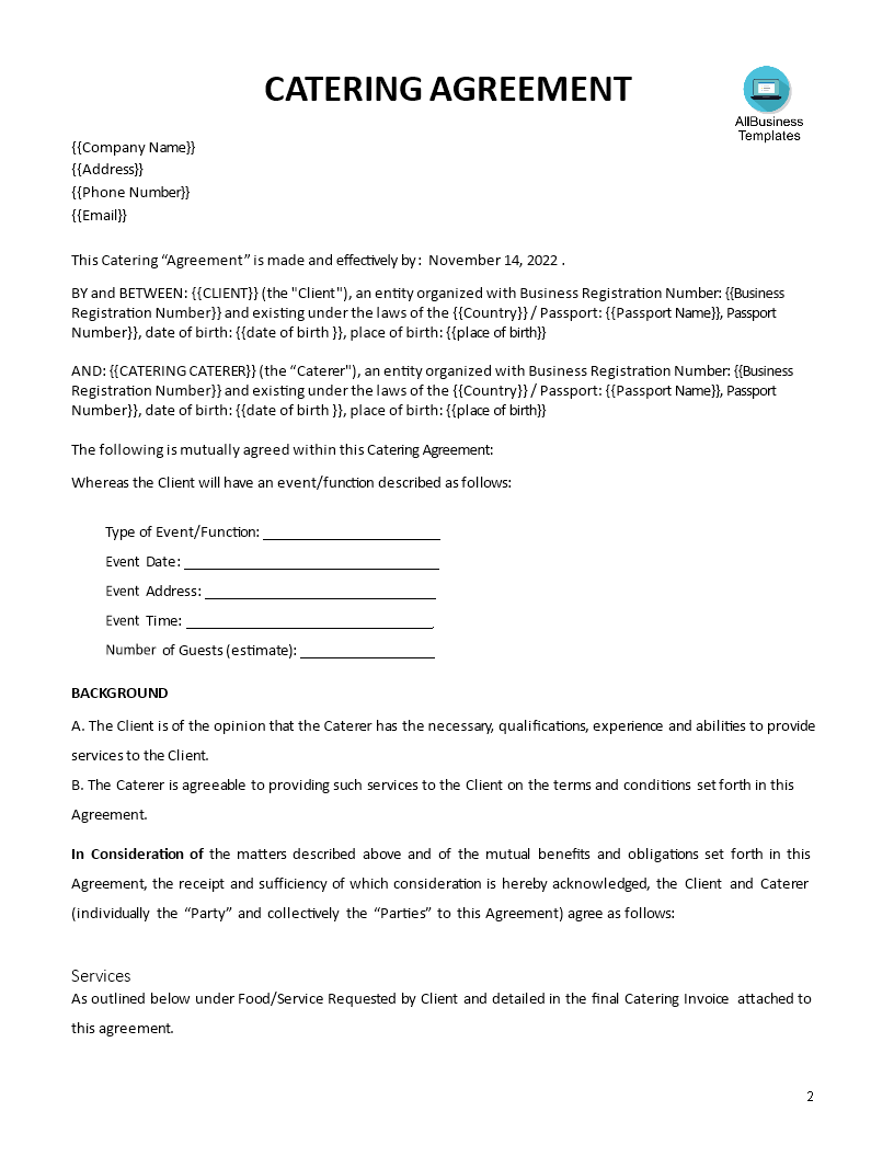 catering delivery agreement template