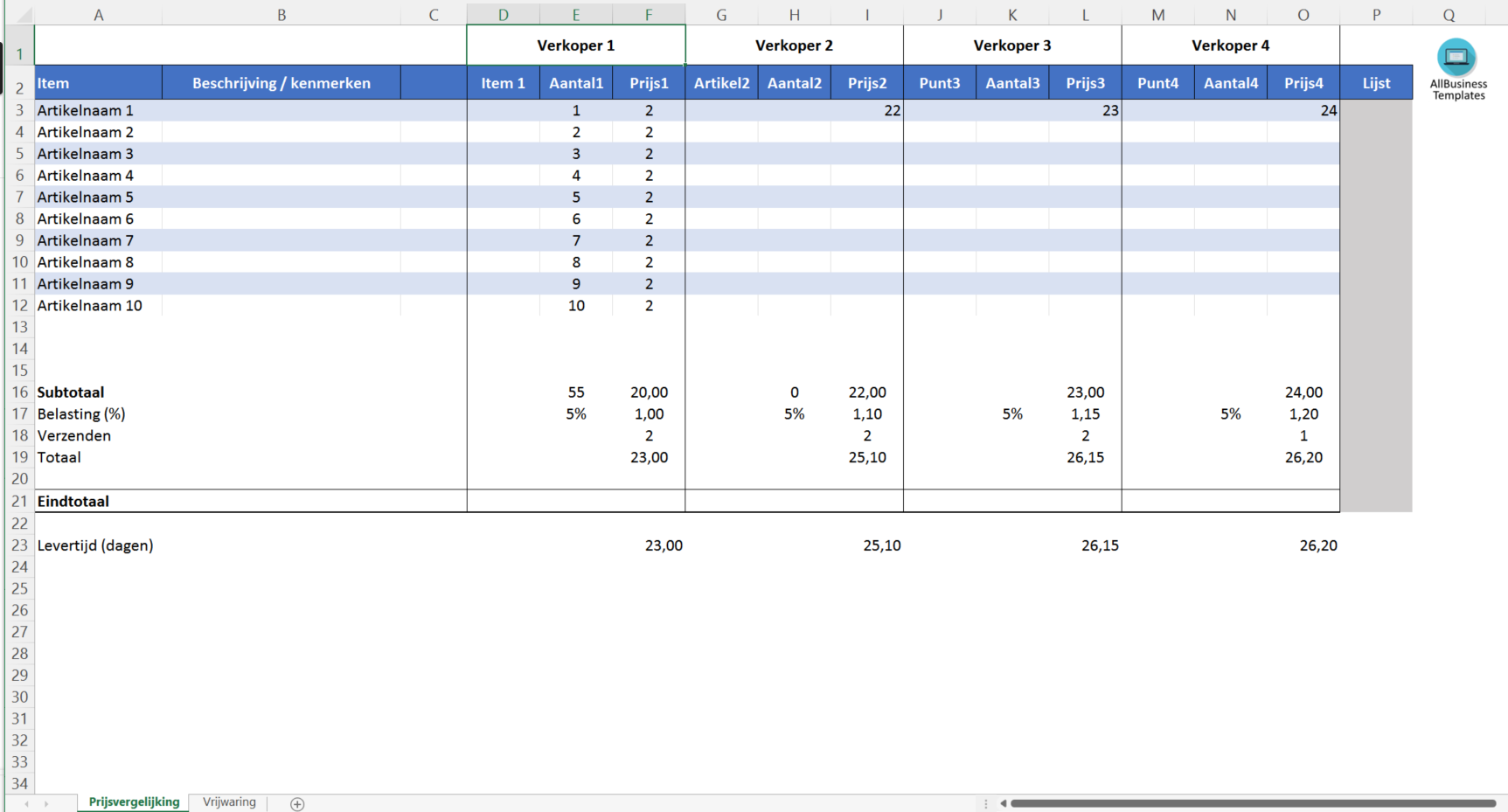 prijs vergelijker template