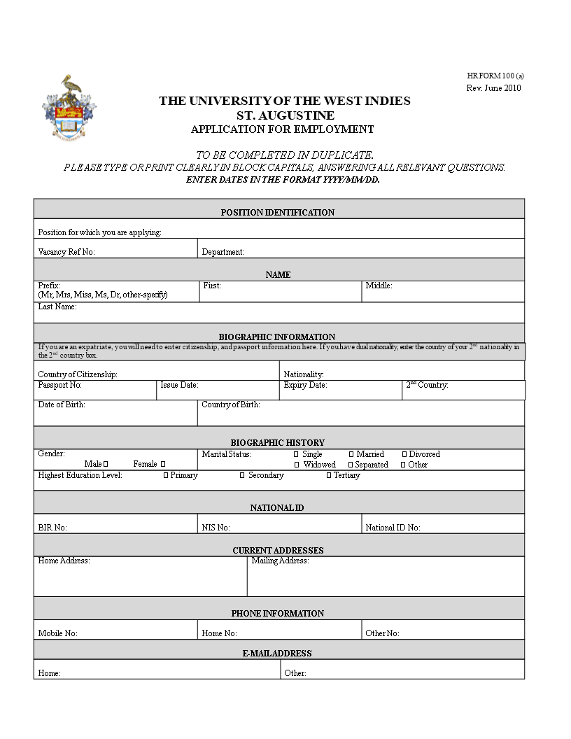 Printable Employment Application Form main image