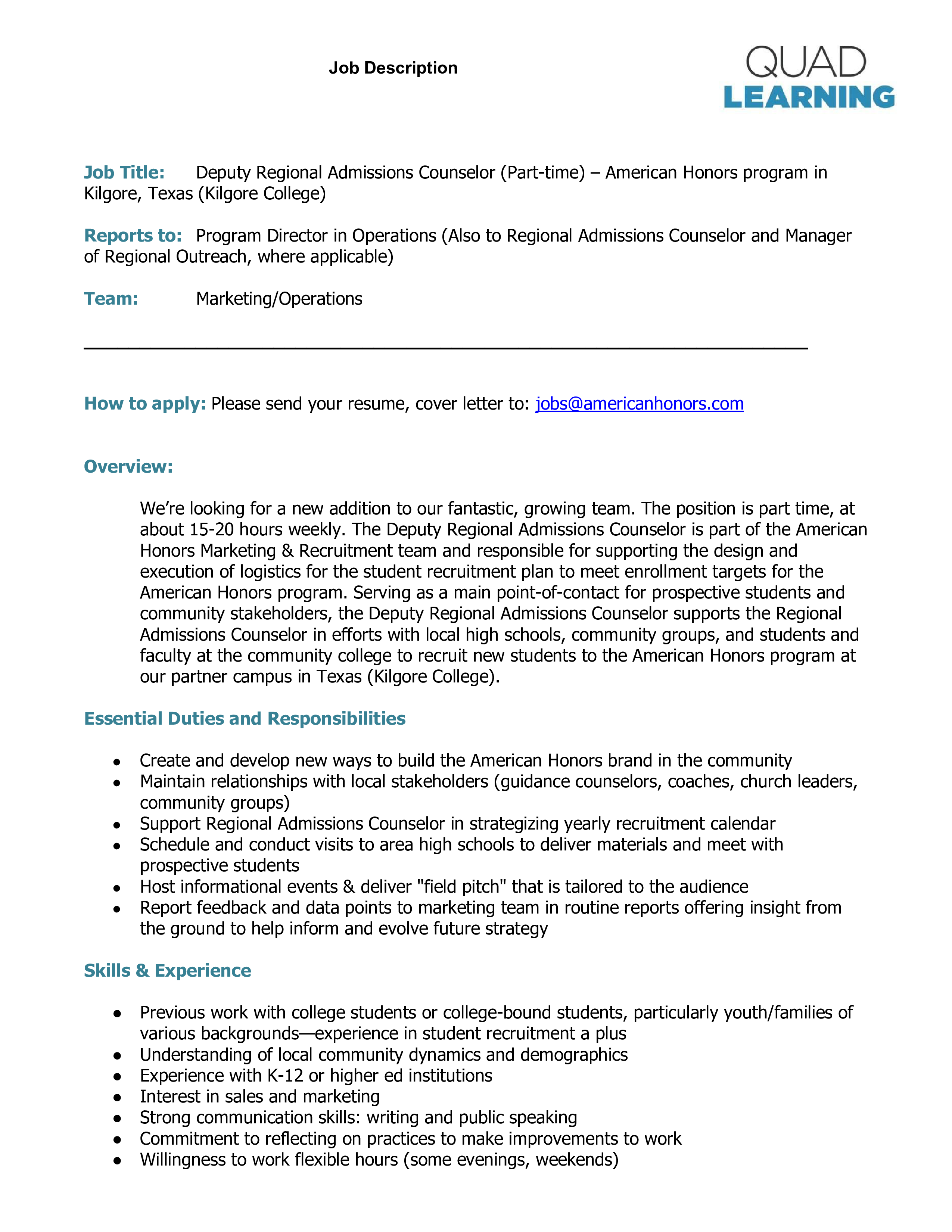 regional admissions counselor job description template