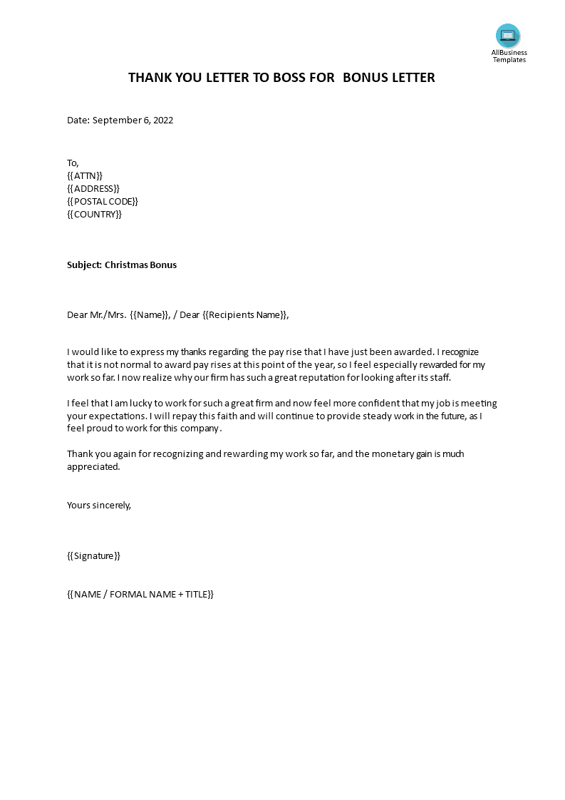 thank you letter to boss for bonus Hauptschablonenbild