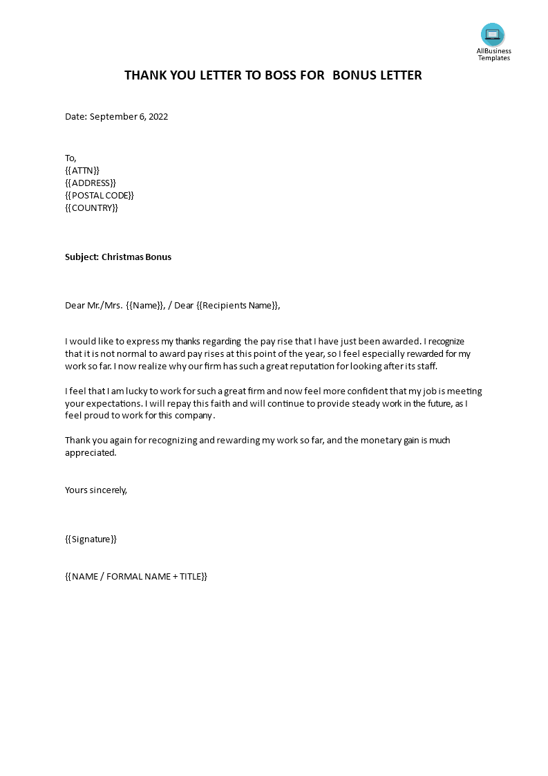 thank you letter to boss for bonus voorbeeld afbeelding 