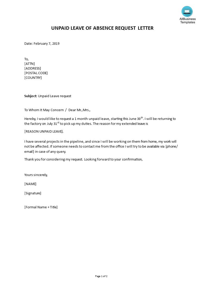 Sample Of Leave Of Absence Letter To Employer from www.allbusinesstemplates.com