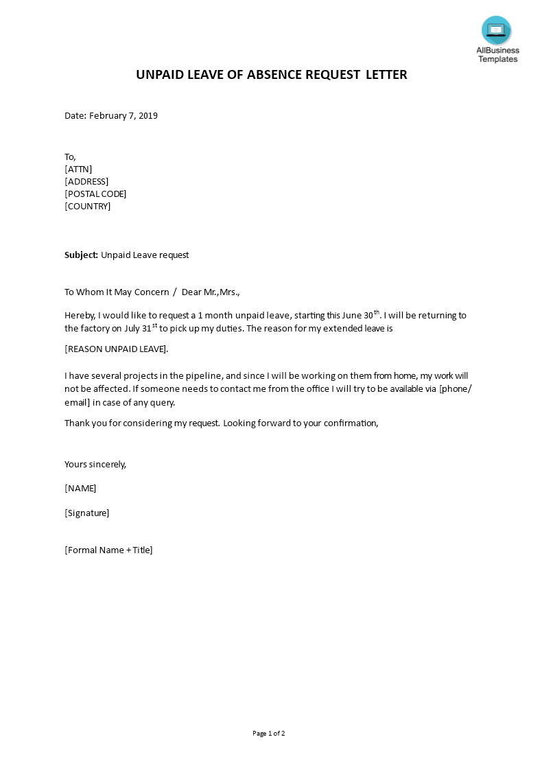 unpaid leave of absence letter plantilla imagen principal