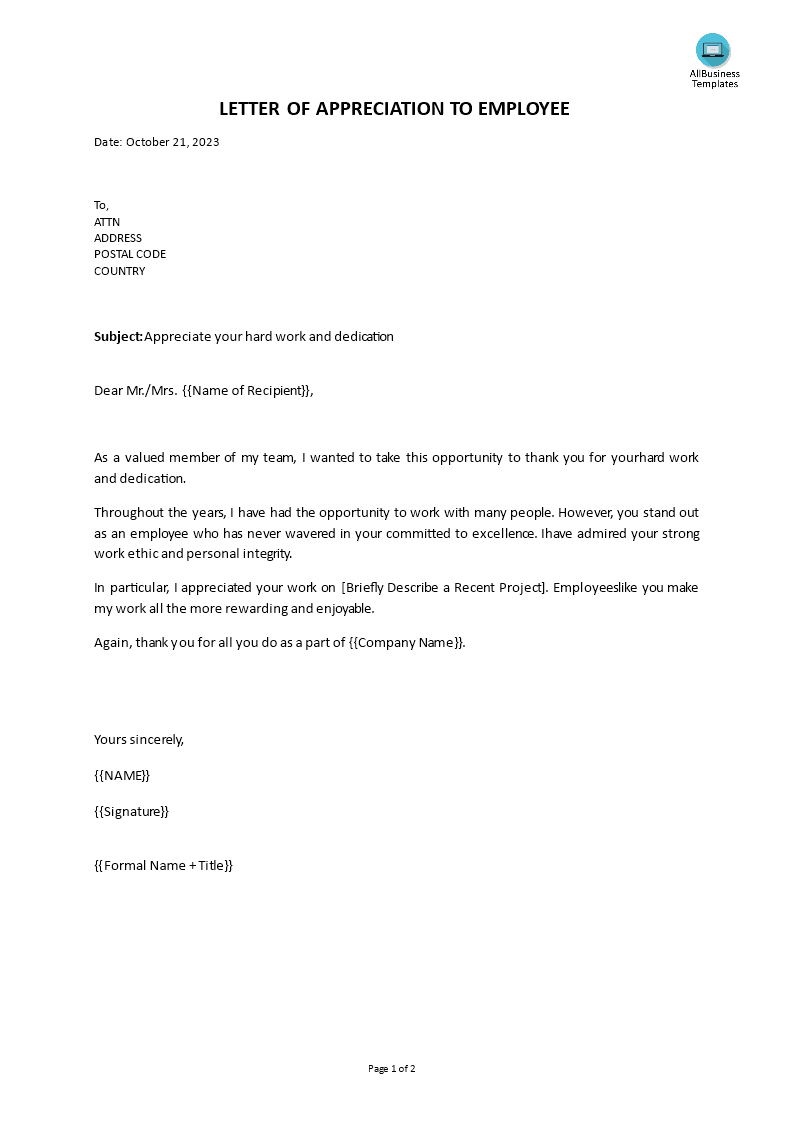 employee appreciation letter for hard work and dedication plantilla imagen principal