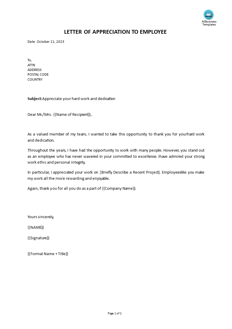 employee appreciation letter for hard work and dedication voorbeeld afbeelding 