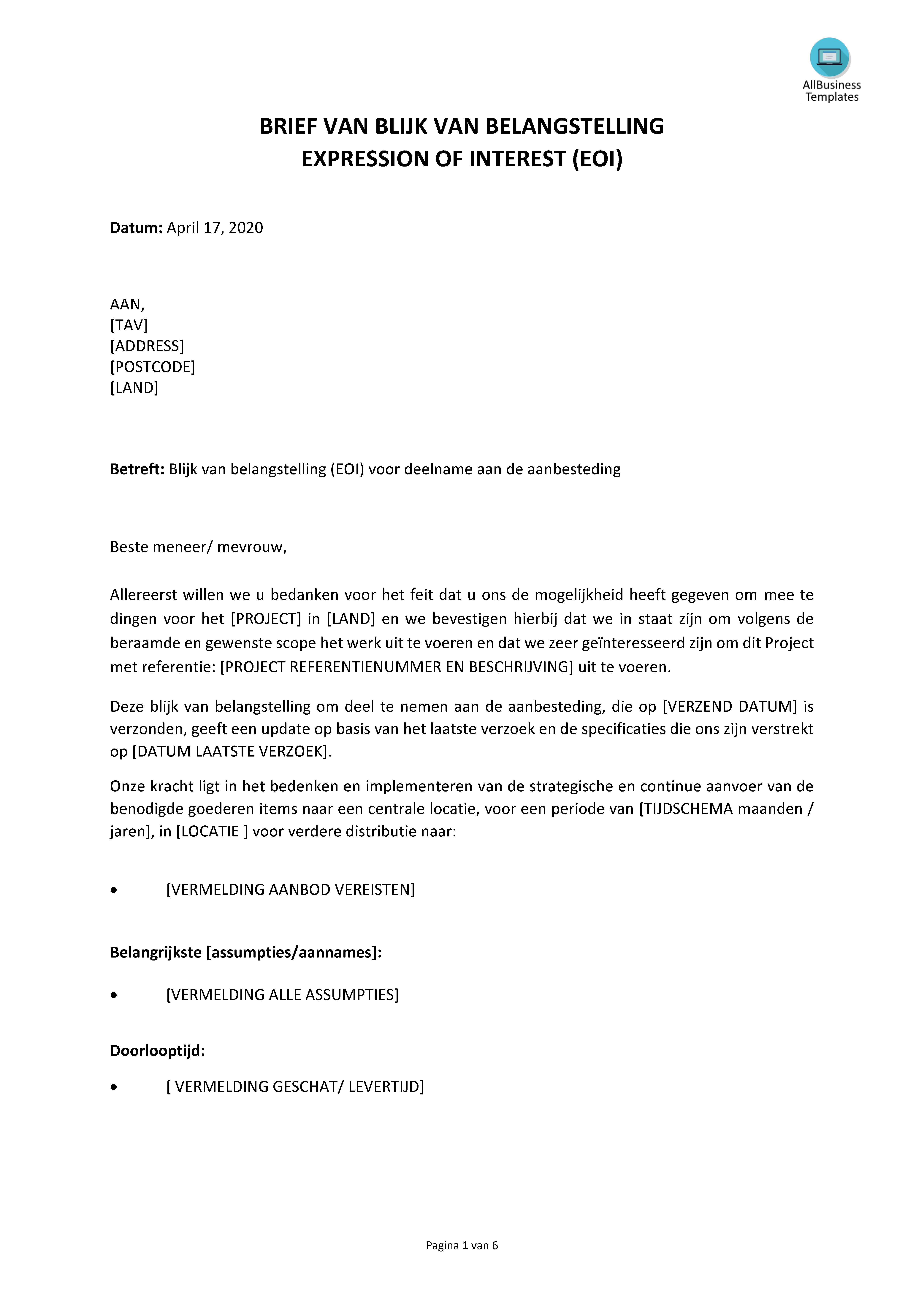 blijk van belangstelling aanbestedingsbrief template