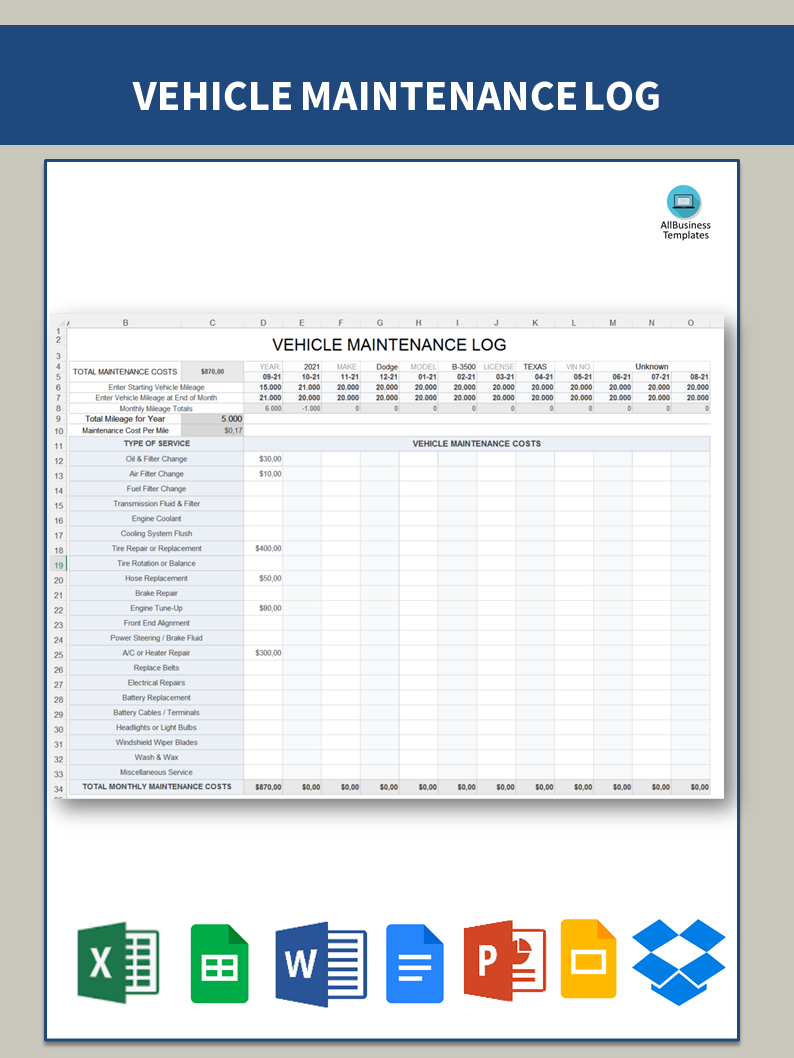 Wagenpark Onderhoudsboek Template Excel 模板