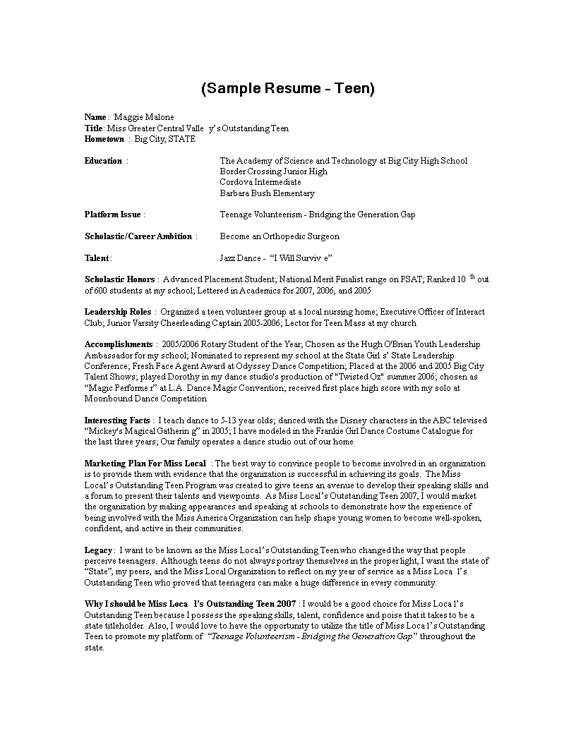 basic teenage resume template