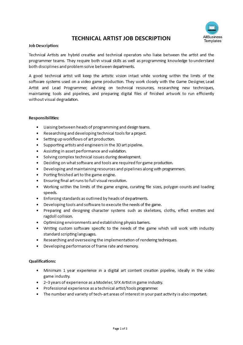 Technical Artist Job Description 模板