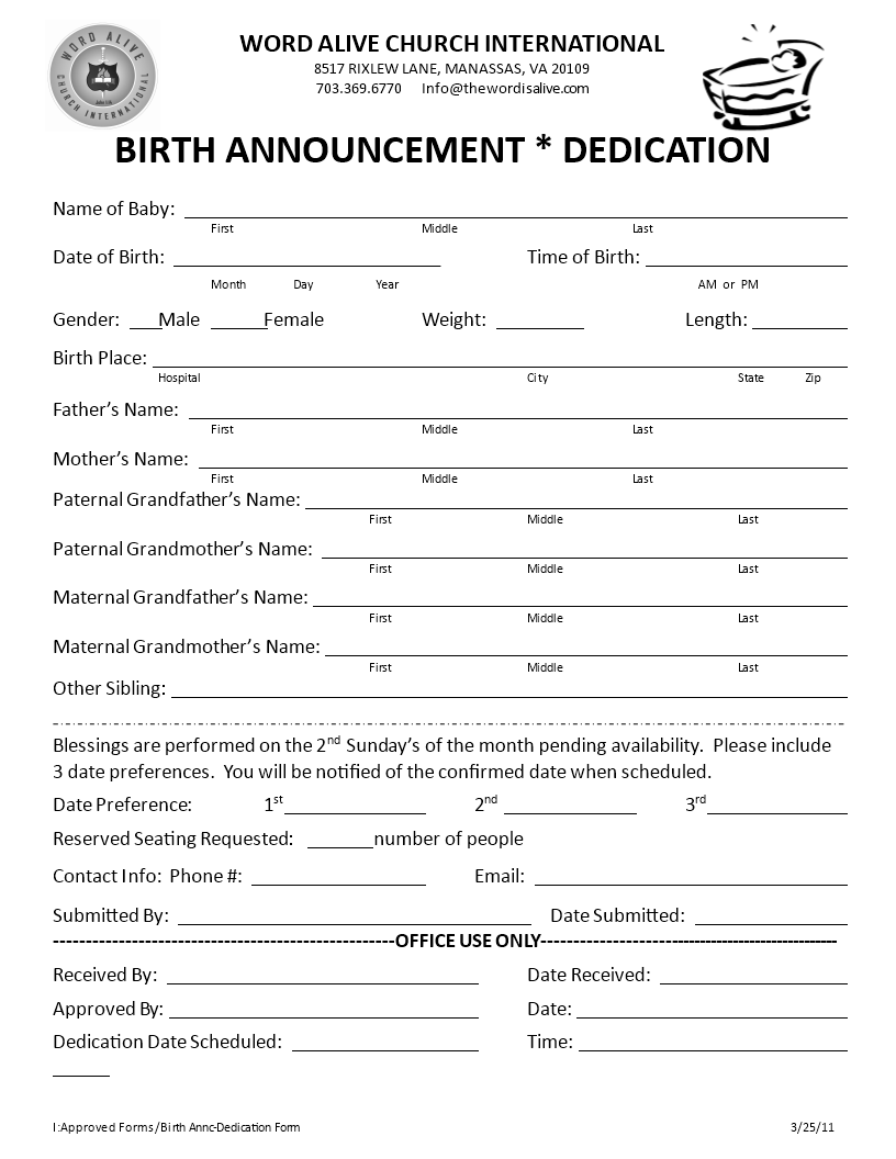 birth announcement dedication form modèles