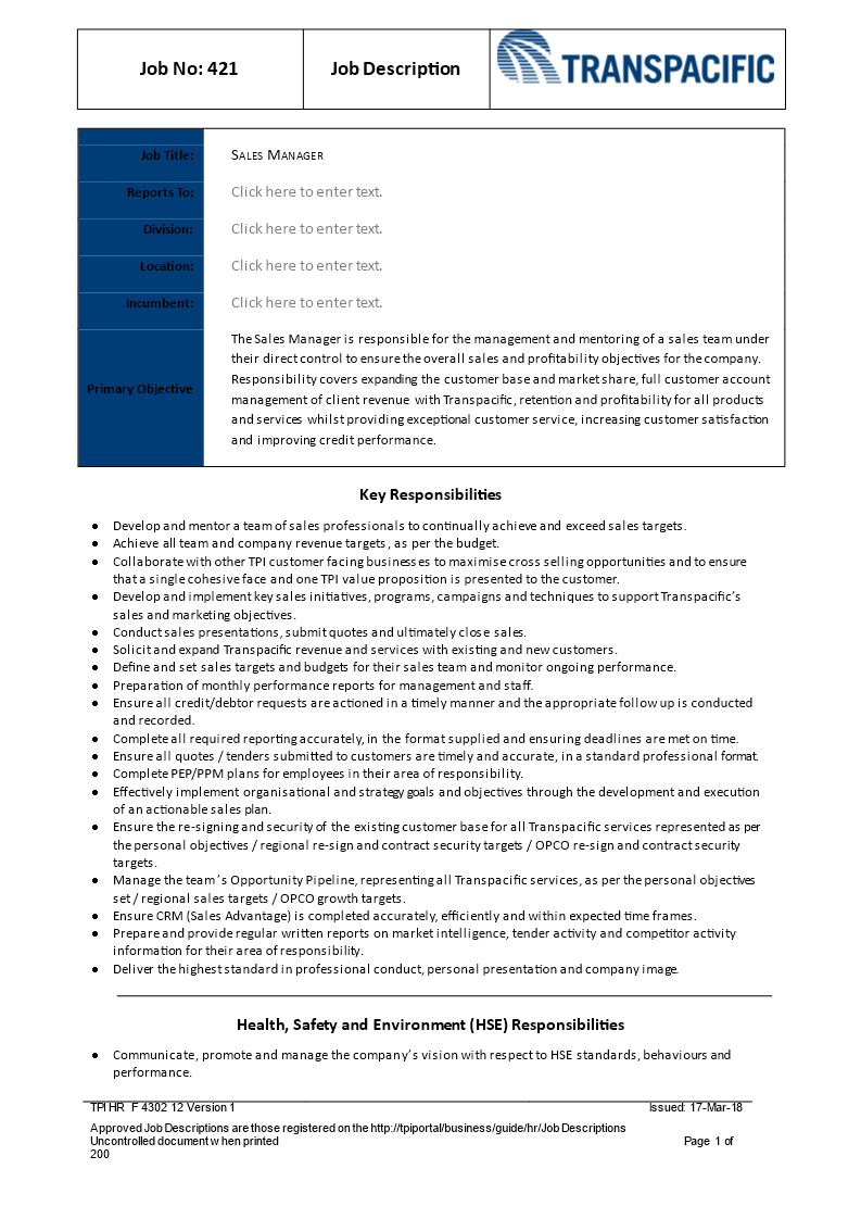 sales manager job description template