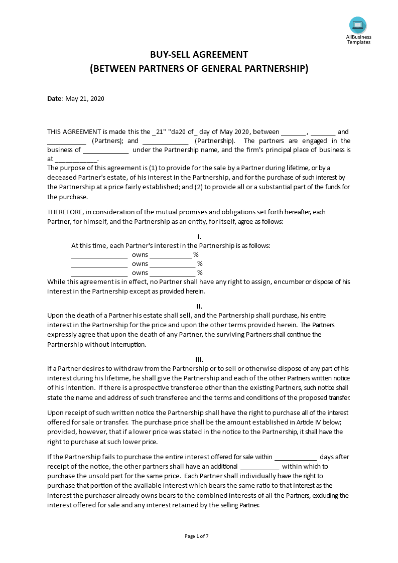 Partnership Buy Sell Agreement Form - Premium Schablone In offer to purchase business agreement template