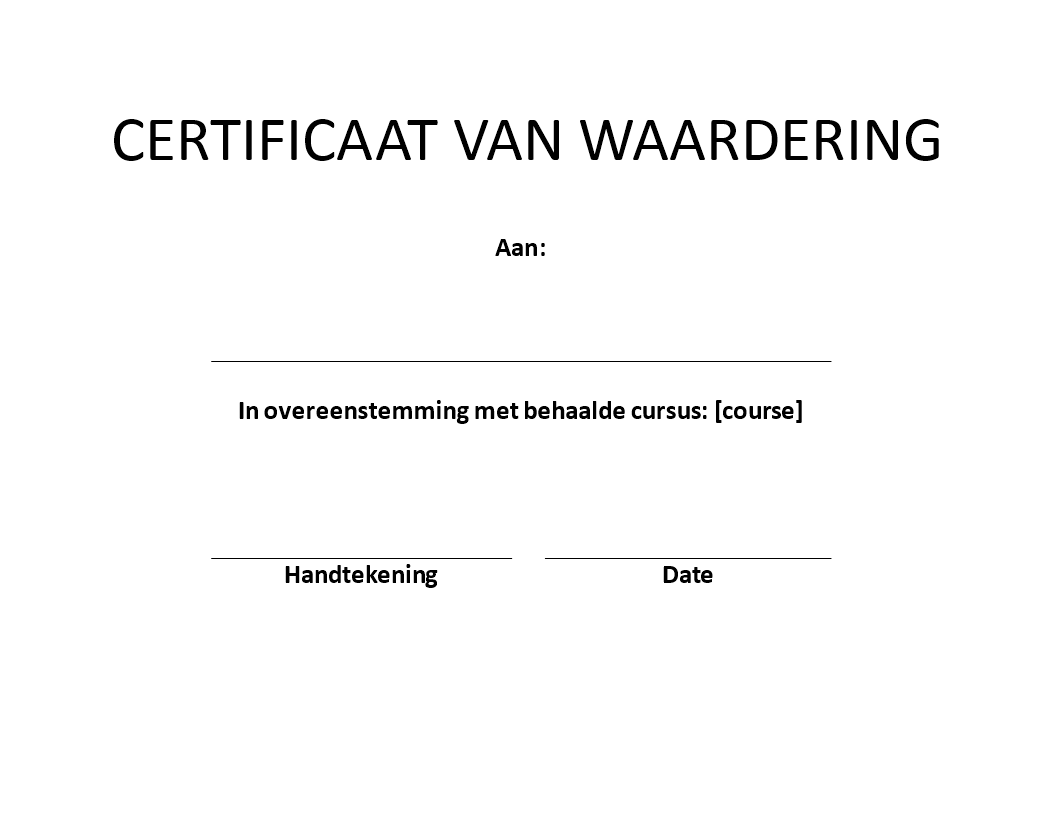 certificaat van waardering modèles