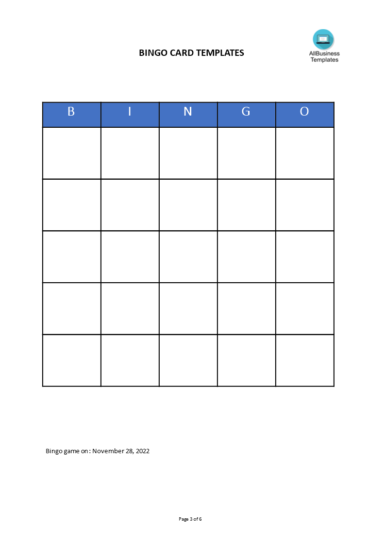 bingo game board template