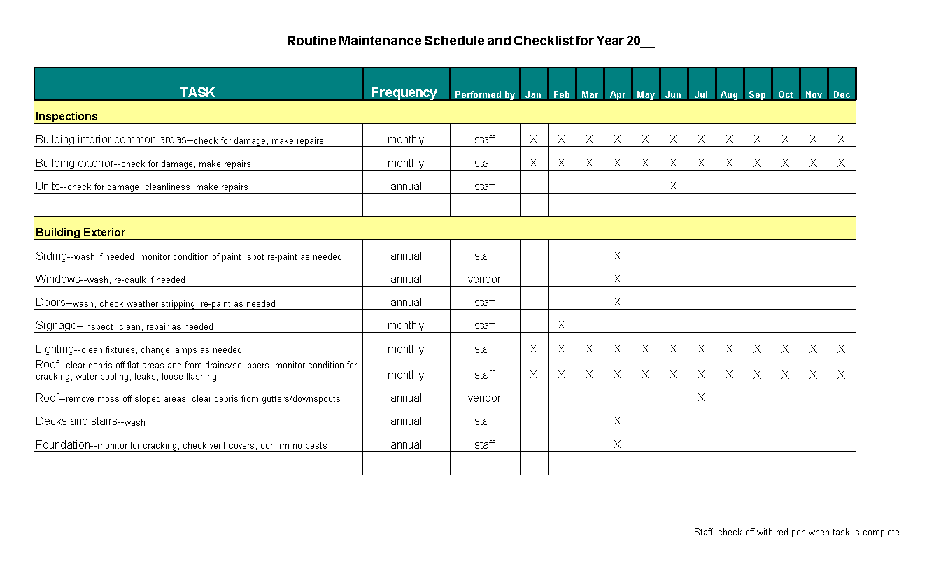 routine maintenance schedule checklist voorbeeld afbeelding 