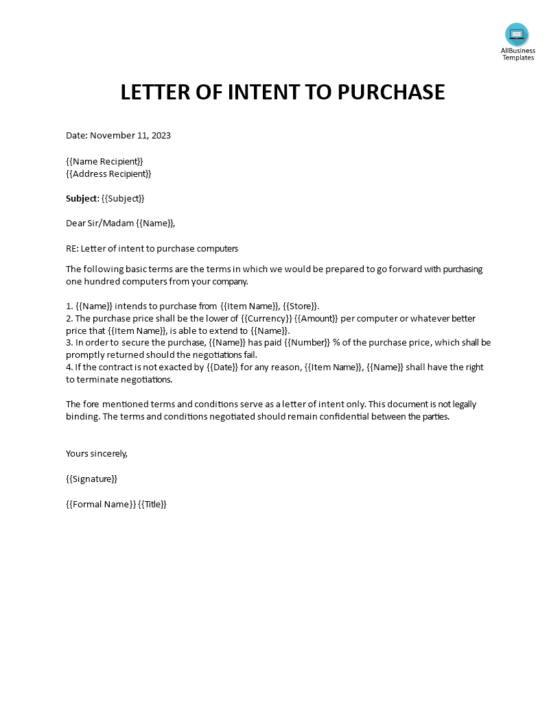 letter of intent to purchase modèles
