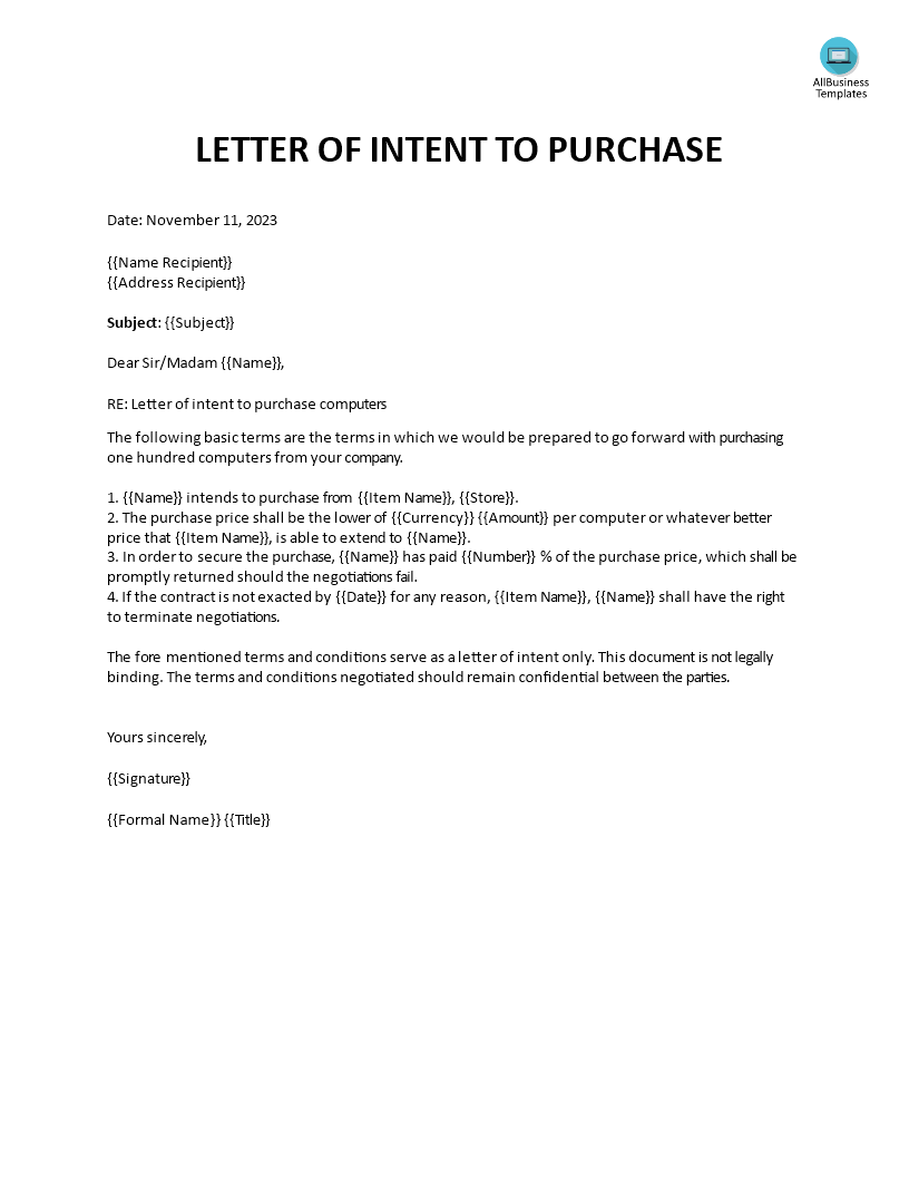 letter of intent to purchase template