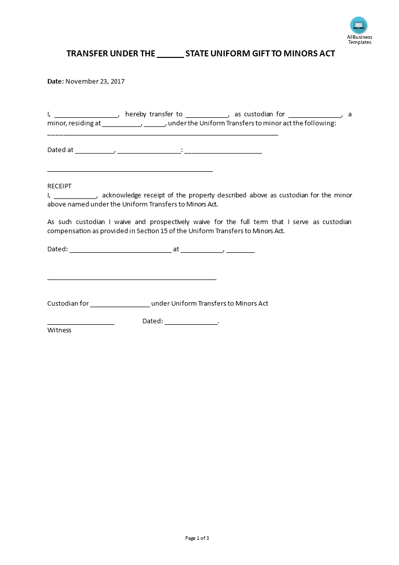 transfer under the state uniform gift to minors act modèles