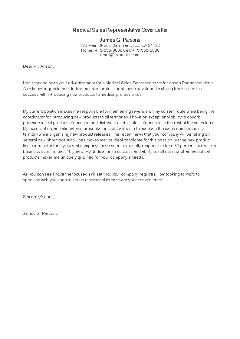 medical sales representative cover letter modèles