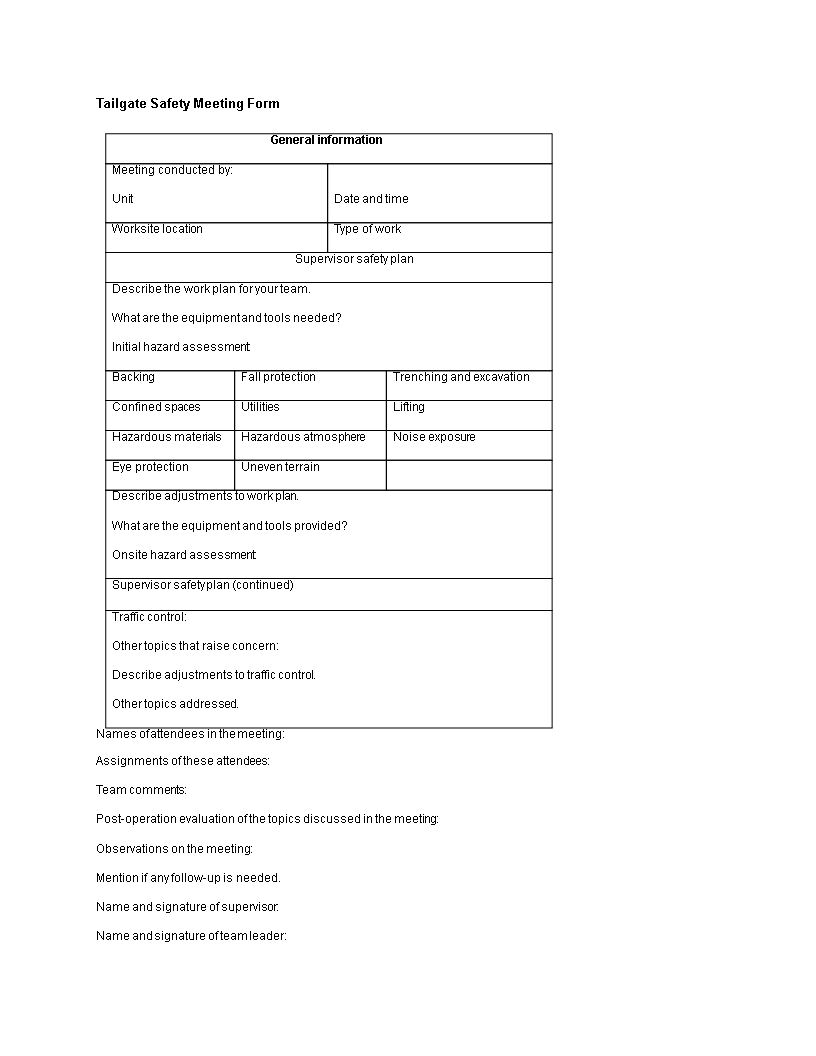 Tailgate Safety Meeting Form main image