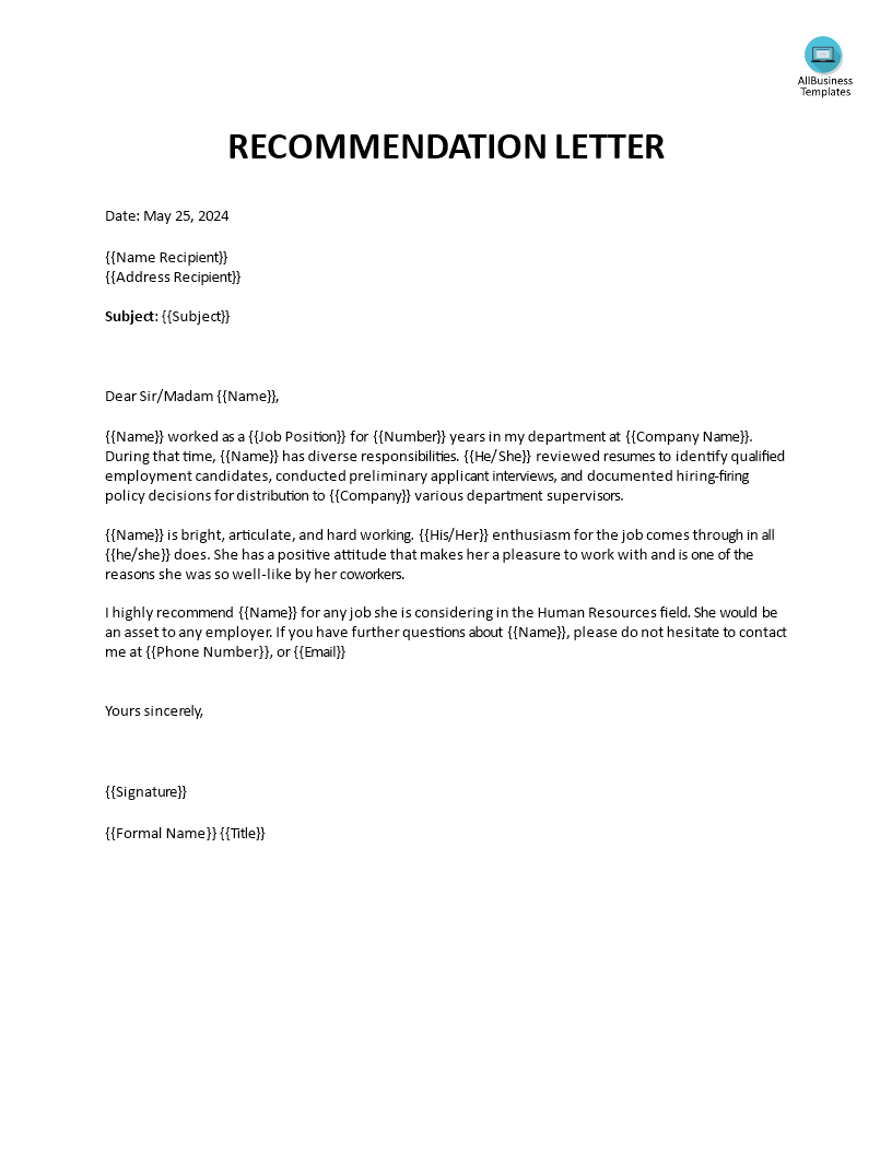 recommendation letter from an employer to employee Hauptschablonenbild