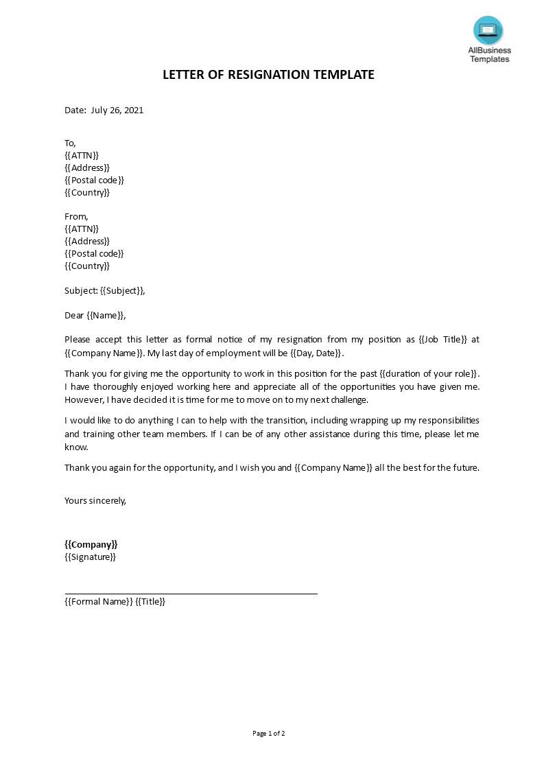 Kostenloses Simple Short Resignation Letter