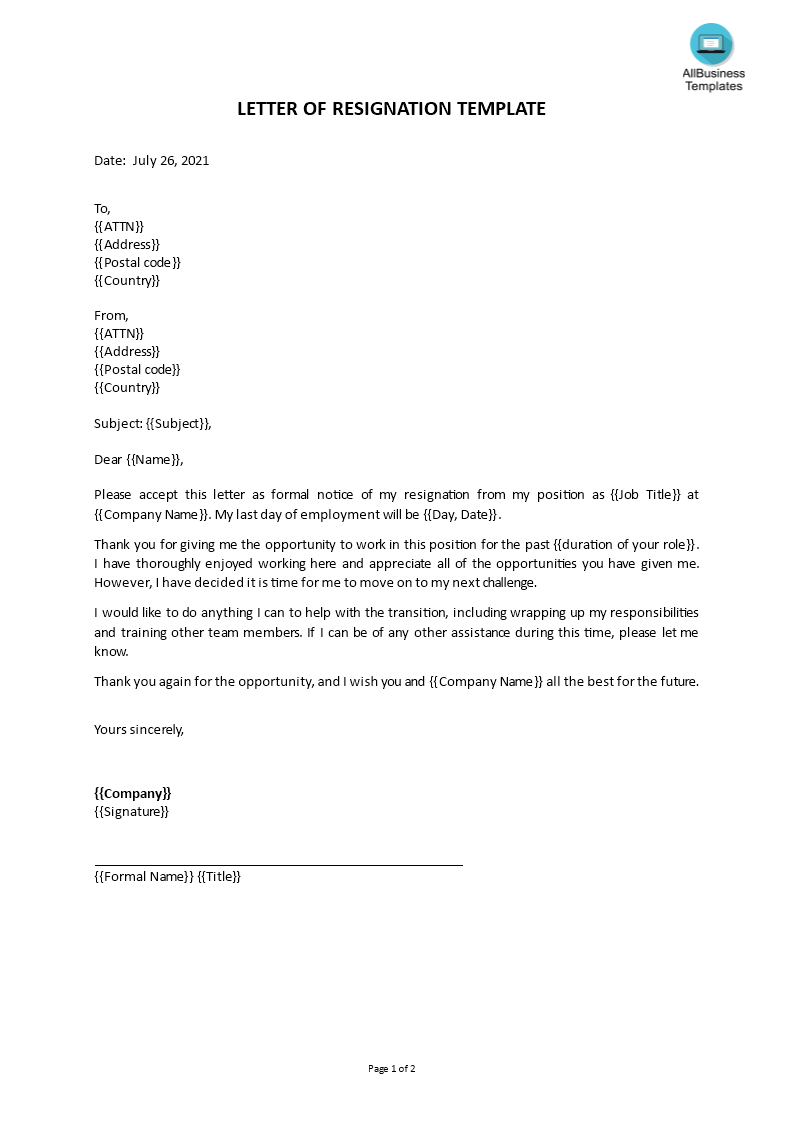 Resignation letter template