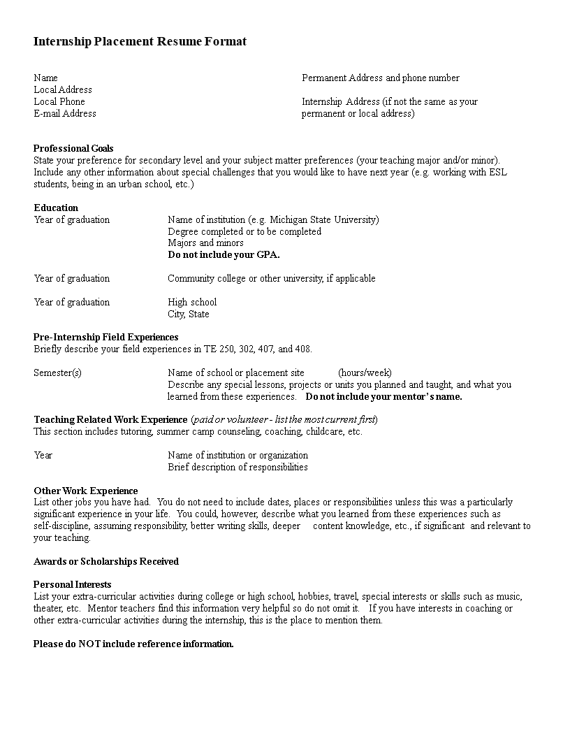 summer internship resume modèles