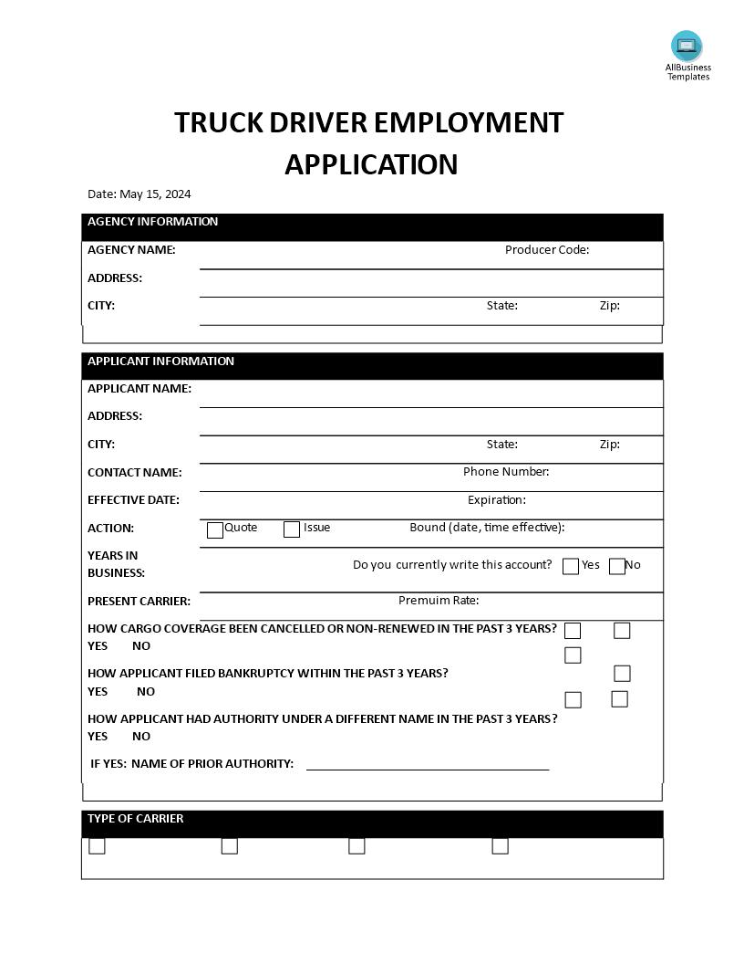 Truck Driver Employment Application Sample 模板