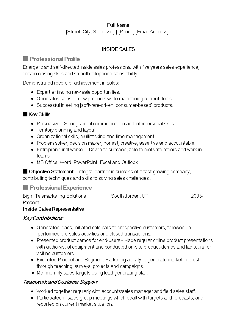 inside sales representative resume template