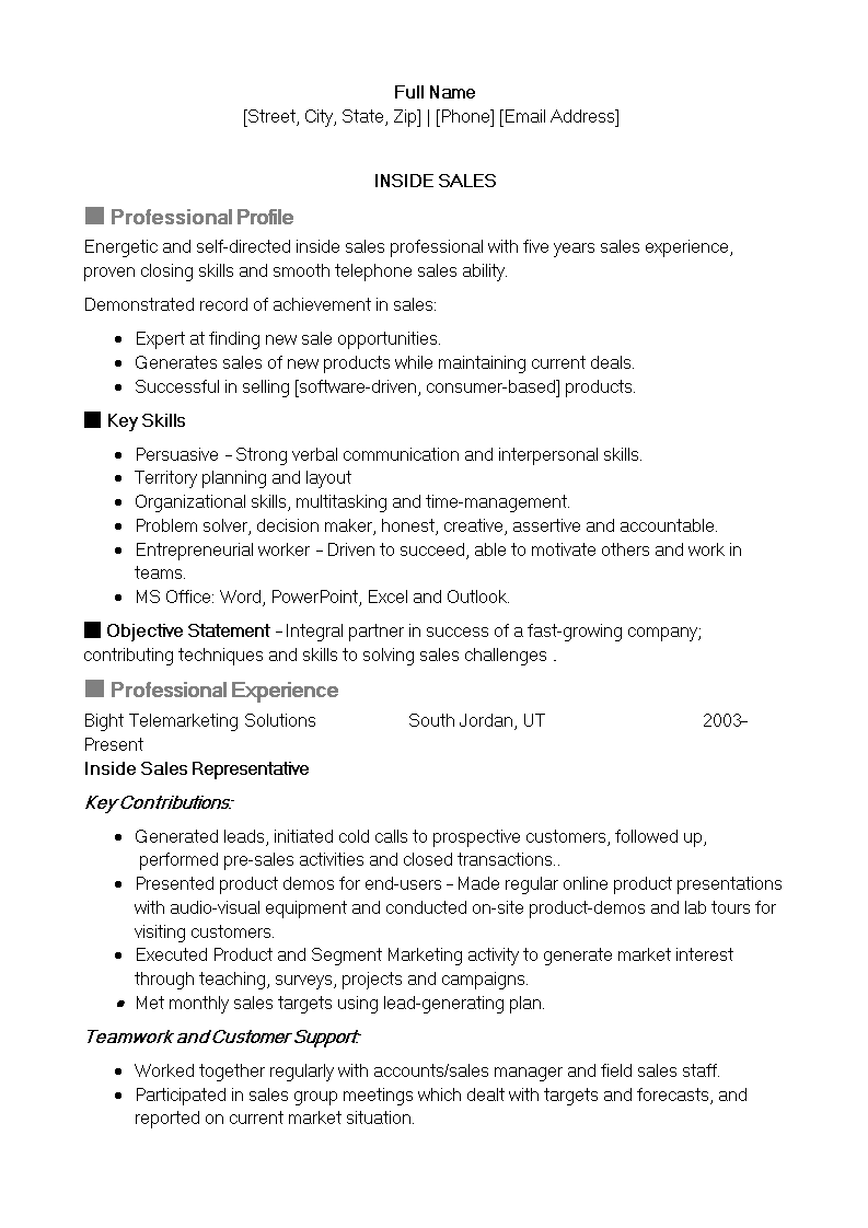 Inside Sales Representative Resume 模板